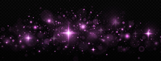 Sparkling space pink magical dust particles. Christmas light concept. Pink confetti and shiny stars.