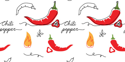 Chili pepper, red hot pepper seamless pattern. One continuous line art drawing design of chili pepper pattern - obrazy, fototapety, plakaty