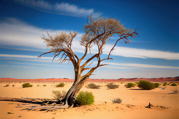 A solitary tree in a desert landscape, Generative AI