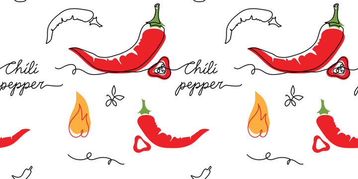 Chili pepper, red hot pepper seamless pattern. One continuous line art drawing design of chili pepper pattern