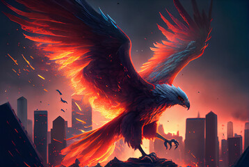 Phoenix bird with spread wings in fire and ashes on the city background. - obrazy, fototapety, plakaty