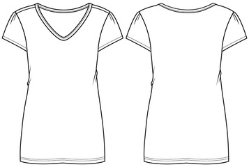 womens short sleeve v neck t shirt flat sketch vector illustration technical cad drawing template