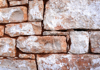 A fragment of damaged red brick wall as background. Rock texture. Vintage background