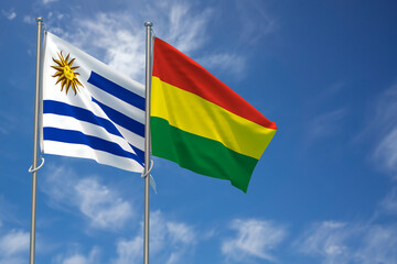 Oriental Republic of Uruguay and Plurinational State of Bolivia Flags Over Blue Sky Background. 3D Illustration
