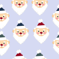 Christmas Seamless pattern with Cute Santa Claus faces in different colorful hats