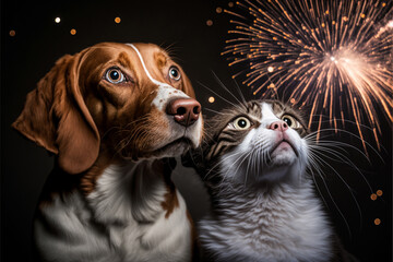 Close-up shot of the cat and dog, capturing their reactions as they watch the fireworks in the new year's eve