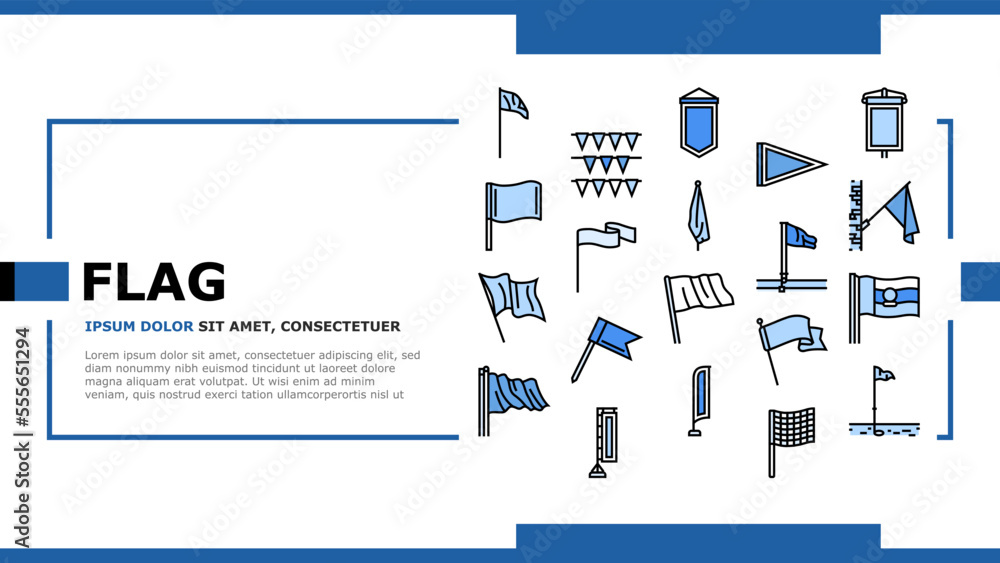 Poster flag start web pennant map landing web page vector. banner symbol, location pole, shape mark, finish