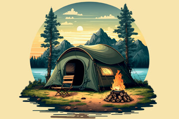 Camping, Trekking and Hiking Vector Illustration. Tourist Campsite, Tent and Bonfire at Wild Nature With Forest Lake and Mountains. Generative AI.