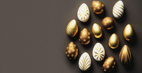Luxury Golden Easter Eggs 3D Illustration, Gold White Black Eggs, Happy Easter Day Banner, Generative AI