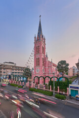 Beautiful evening at Tan Dinh parish church or Church of the Sacred Heart of Jesus is a church located in Ho Chi Minh City. Selective focus. Travel concept