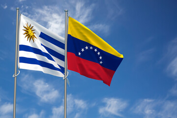 Oriental Republic of Uruguay and Bolivarian Republic of Venezuela Flags Over Blue Sky Background. 3D Illustration