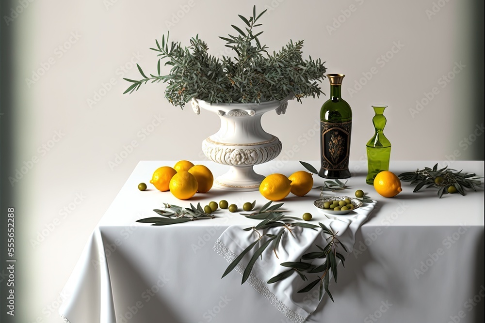 Poster a table with a vase of oranges and bottles of wine on it and a table cloth with a lemons and rosemar