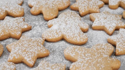 Fototapeta na wymiar Process sprinkle powdered sugar on Christmas cookies . Traditional Christmas food