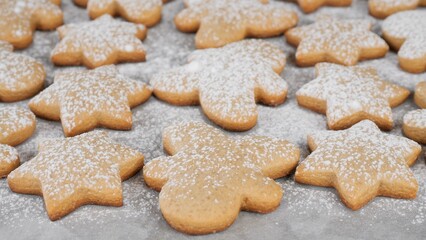 Fototapeta na wymiar Process sprinkle powdered sugar on Christmas cookies . Traditional Christmas food