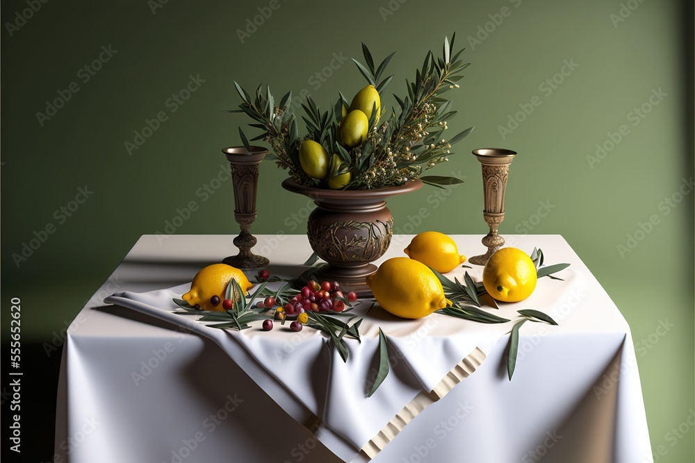 Poster a table with a vase of fruit and candles on it., generative ai
