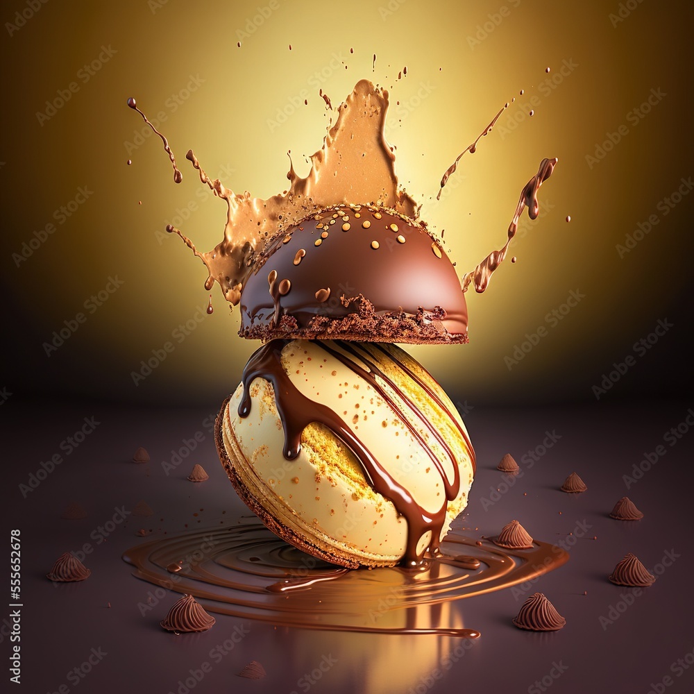 Poster a chocolate covered doughnut with a splash of chocolate on top of it., generative ai