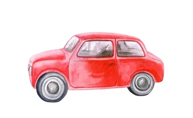 Fotobehang Watercolor car auto hand painted illustration Isolated Red vintage retro car © Yuliia