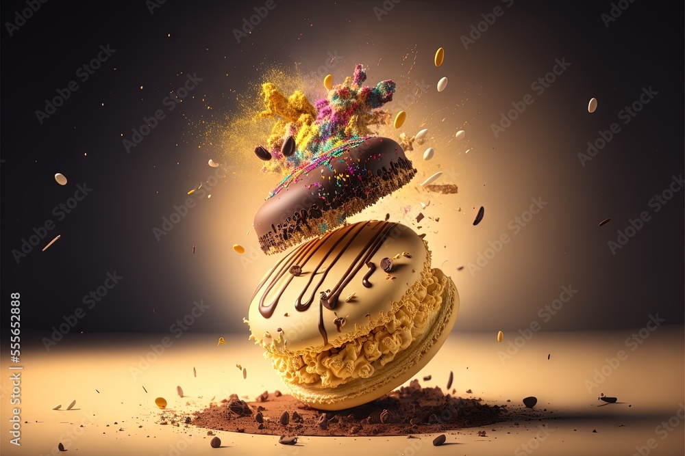 Poster a donut with a chocolate frosting and sprinkles on top of it on a table., generative ai