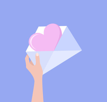 Hand holding envelope with big pink heart inside on a purple background. Flat vector illustration