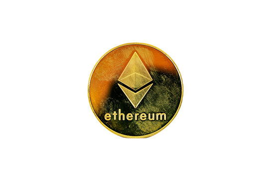 One gold ethereum coin with a transparent background