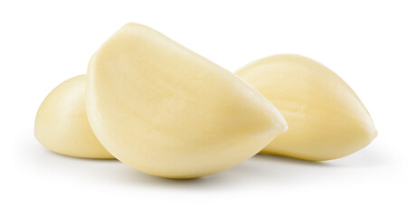 Garlic clove isolated. Garlic cloves on white background. Peeled white garlic cloves with clipping path. Full depth of field.