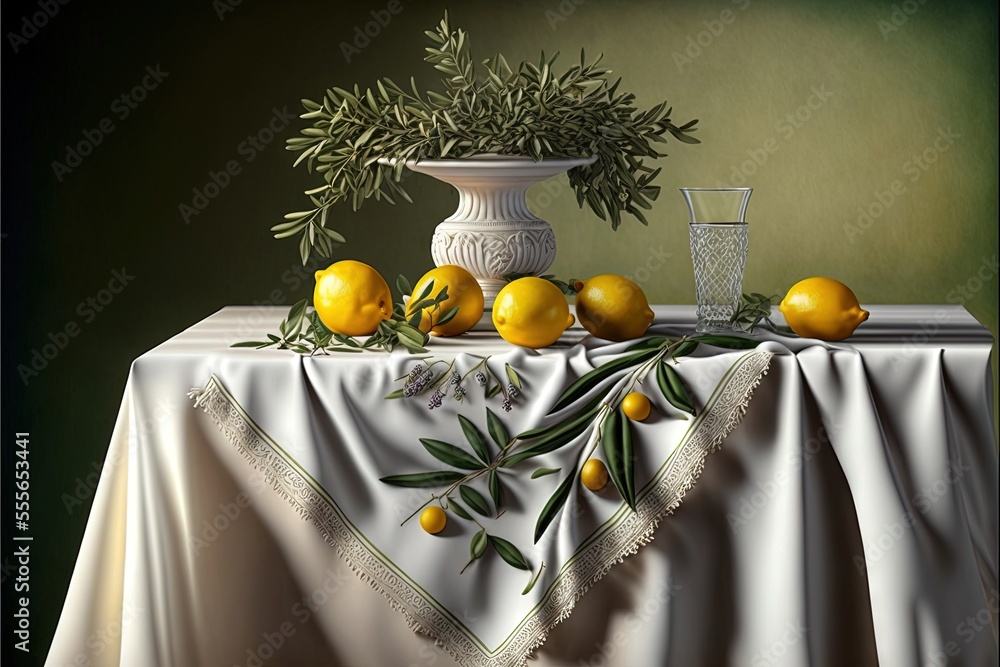 Poster a painting of a table with lemons and a vase on it with a cloth draped over it and a glass of water.