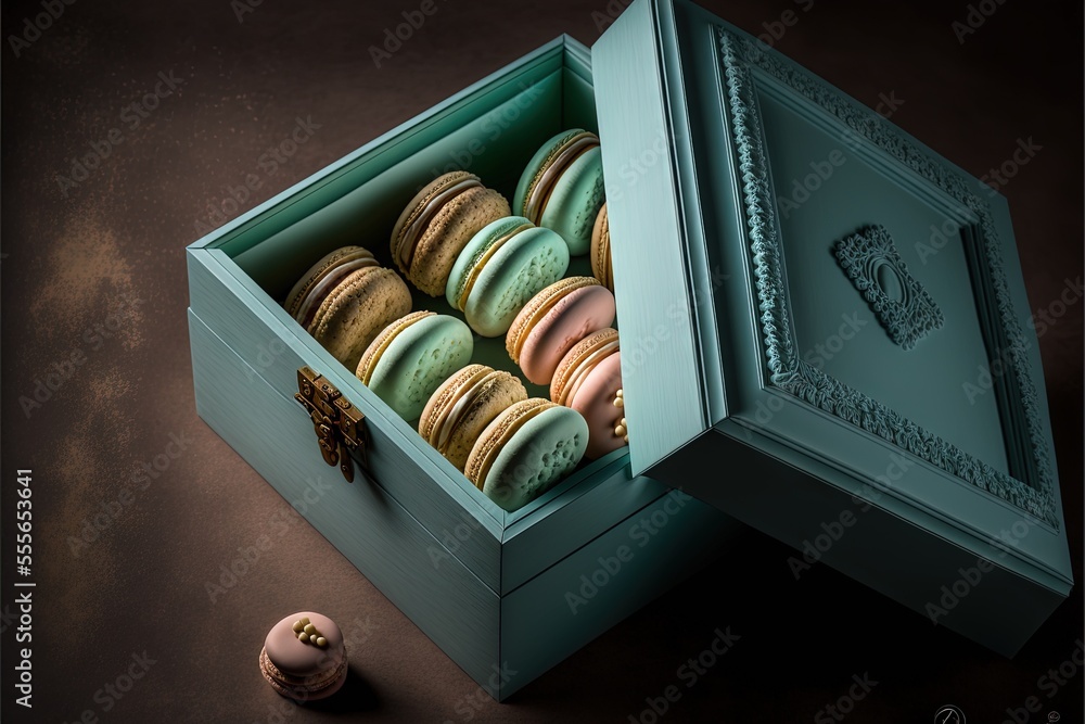 Poster a box of macaroons with a decorative lid and a few macaroons in it., generative ai