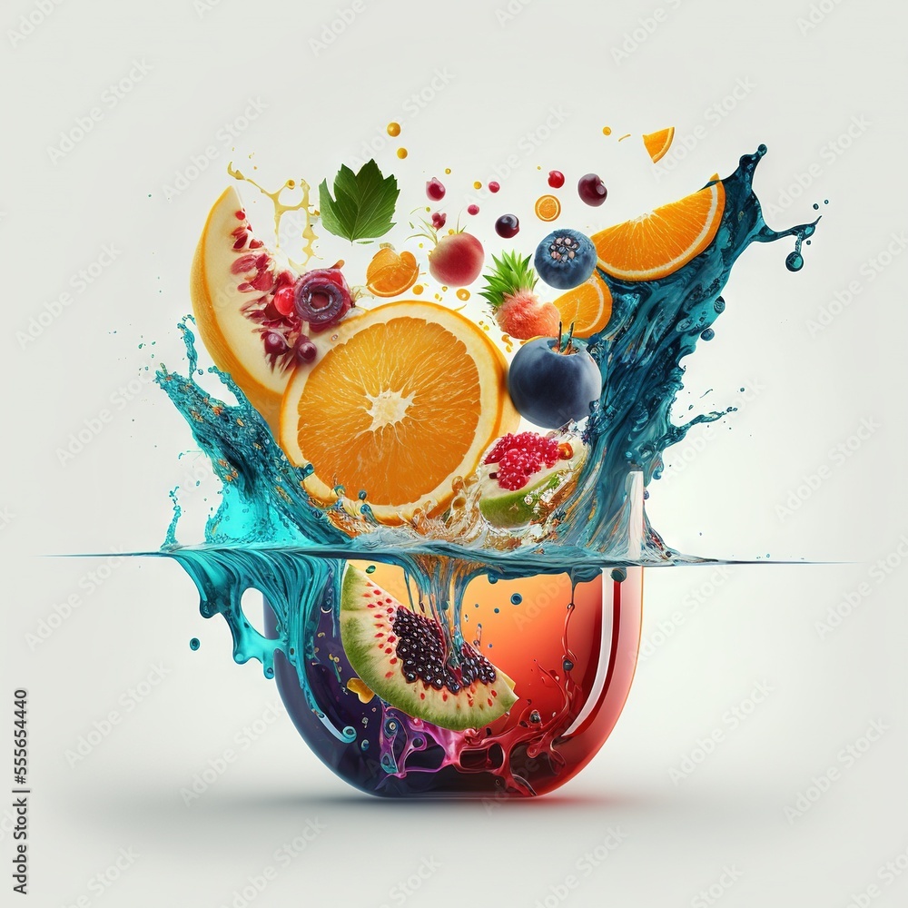 Poster a fruit splashing into a glass of water with a white background and a white background with a blue s