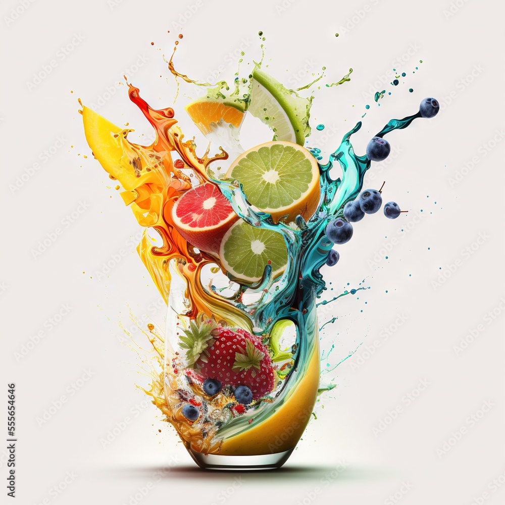 Poster a fruit splash with a white background and a white background with a white background and a white ba