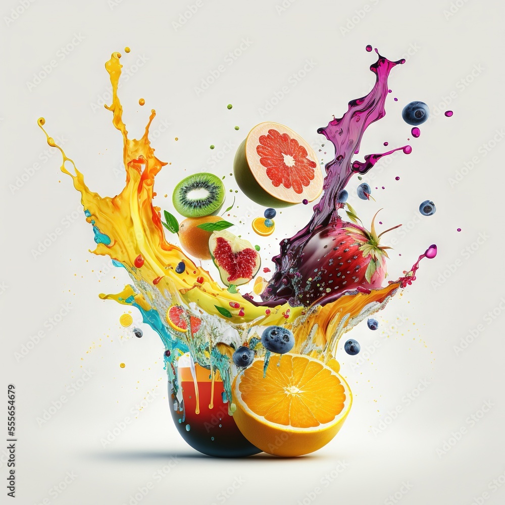 Poster a fruit splashing out of a glass of juice with a slice of orange and a kiwi on the side., generative