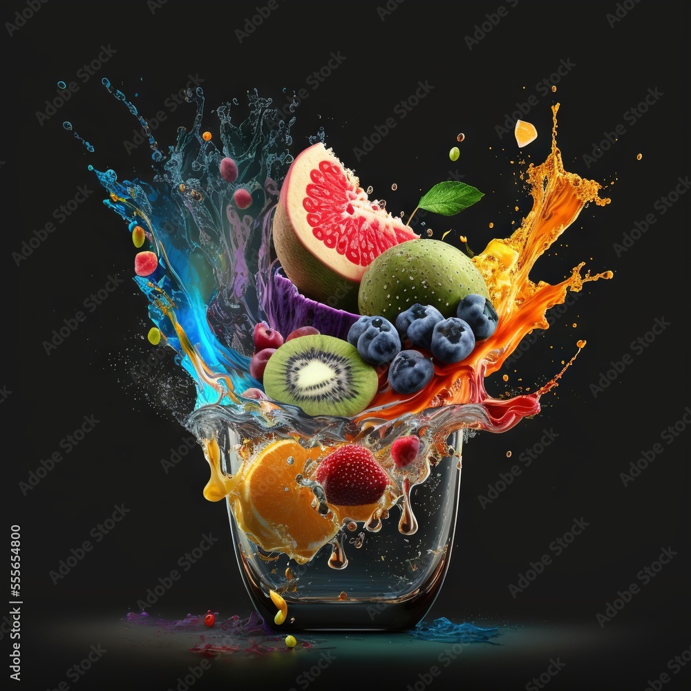 Poster a glass of fruit is splashing out of it's side and into the air with water on the side., generative 