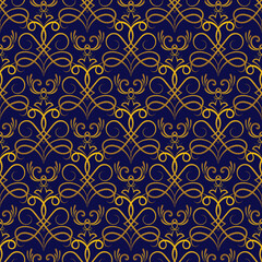 Leafy golden baroque seamless pattern. Black damask background. Floral wallpaper. Vintage ornaments. Gold fabric pattern.