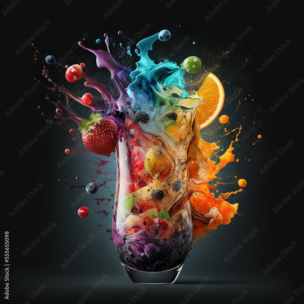 Aufkleber a glass with fruit and juice splashing out of it on a black background with a black background and a