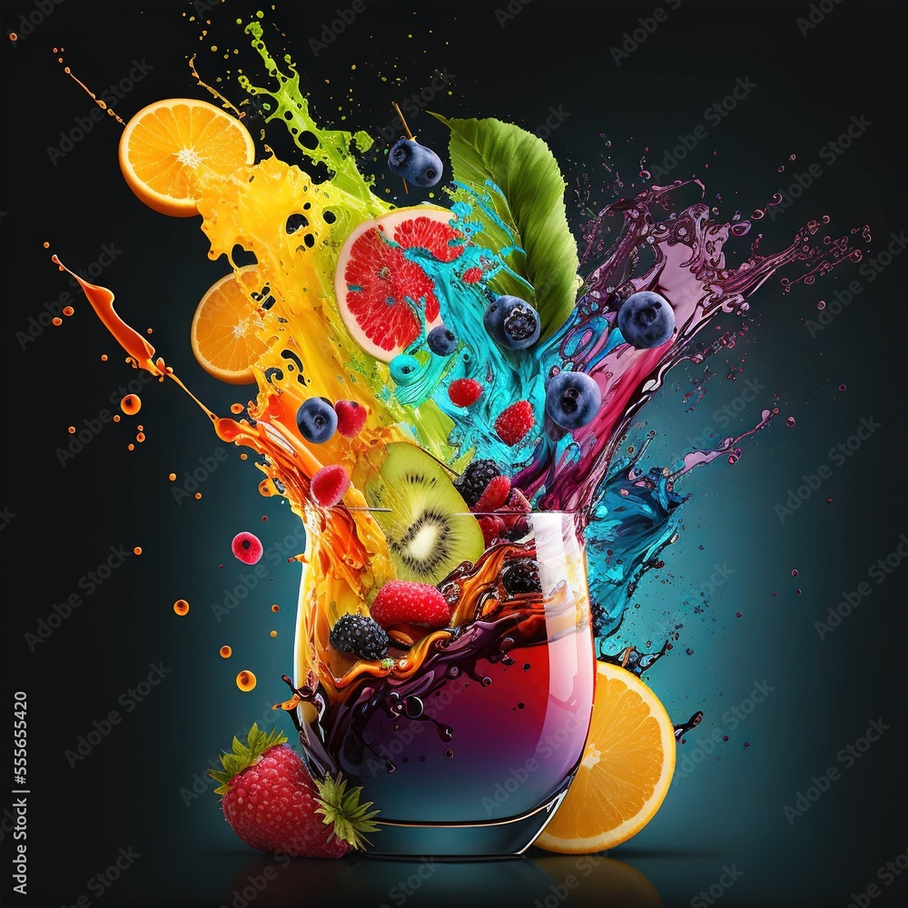 Poster a glass of fruit juice with splashing and a clock on the side of it., generative ai