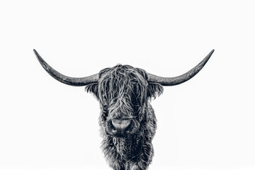 Black and white portrait of scottish highland cattle with a white backdrop