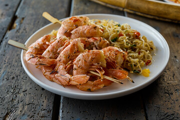 Delicious Asian shrimps scampies with noodles