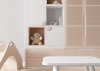 Empty white table top and blurred kids room interior on the background. Copy space for your object, product, toy presentation. Display, promotion, advertising. 3D rendering.