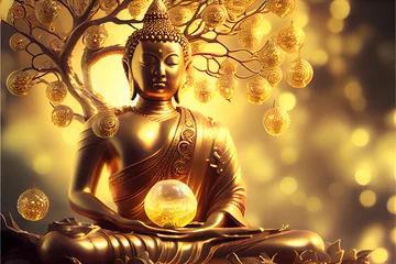 Poster Im Rahmen Golden  Buddha statue meditating with a crystal ball under a decorative Bodhi tree, illuminated by a warm bokeh light background generative ai        © Hassan