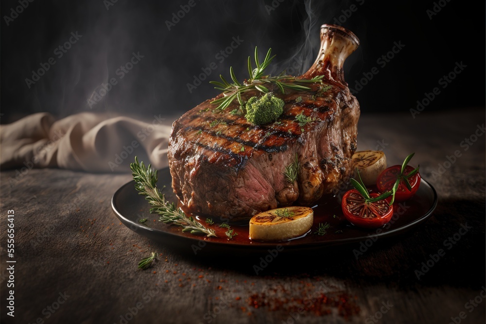 Poster a steak with a side of vegetables on a plate on a table with a cloth and napkins on it.