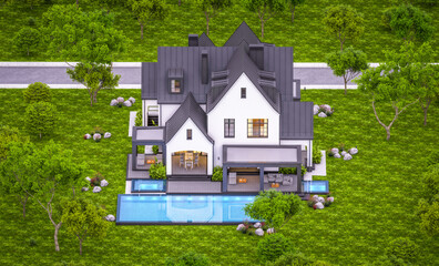 3d rendering of cute cozy white and black modern Tudor style house with parking  and pool for sale or rent with beautiful landscaping. Fairy roofs. Clear summer evening with cozy light from window