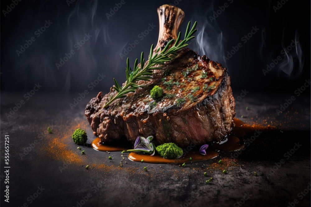 Poster a steak with a green garnish on top of it on a table with sauce and herbs on it. generative ai