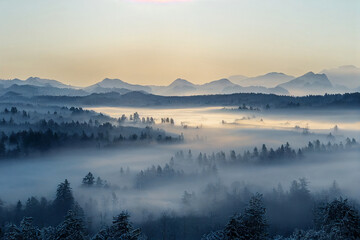 Naklejka na ściany i meble Early morning landscape. Foggy winter river. Designed using generative ai.