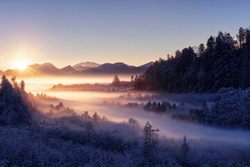 Early morning landscape. Foggy winter river. Designed using generative ai.