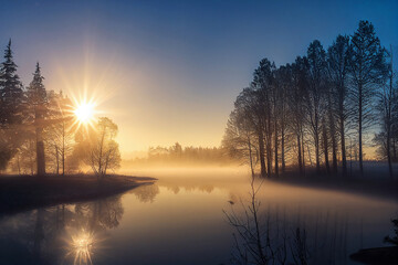 Obraz premium Early morning landscape. Foggy winter river. Designed using generative ai.