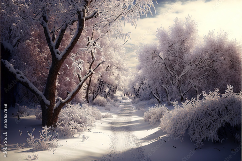 Poster a snowy path with trees and bushes on either side of it and a sky with clouds above it and a few sno