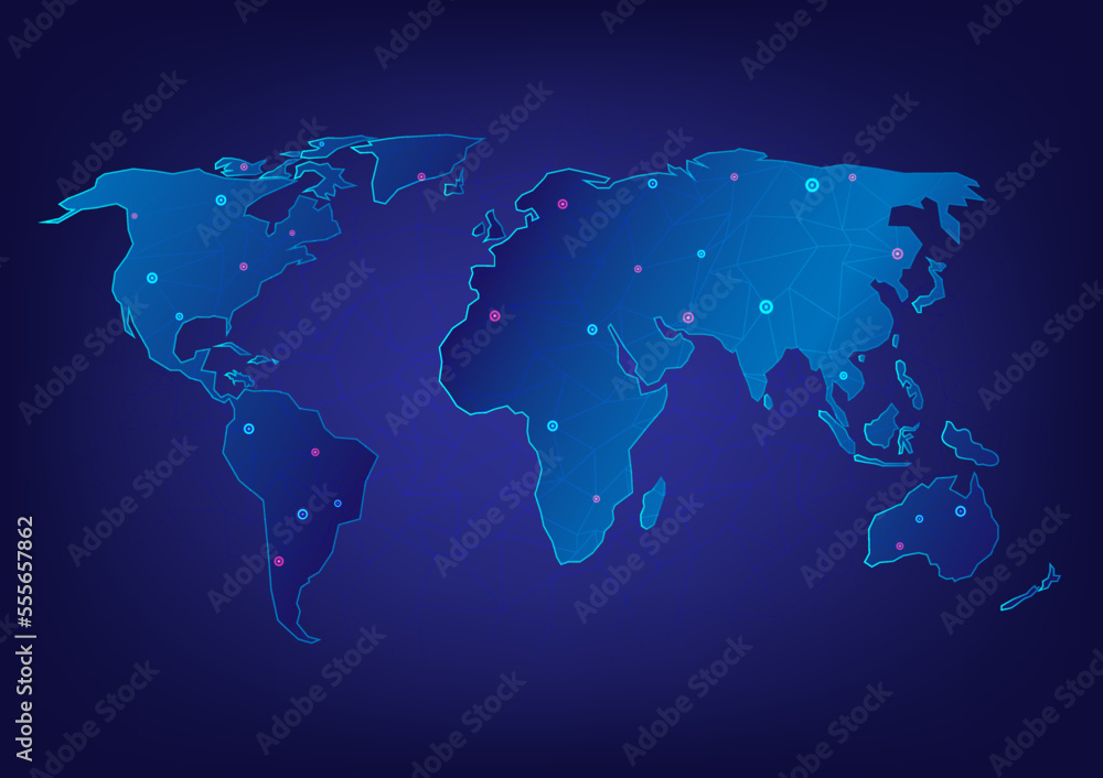 Poster abstract technology gradient world map there is a net on the surface there are dots and glowing ring