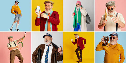 Collage. Portraits of stylish senior, old man in different clothes posing over multicolored background
