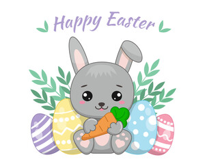 Cute cartoon bunny with carrots and Easter eggs