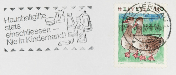 stamp briefmarke vintage retro used gestempelt slogan werbung papier paper schweiz helvetia gänse...