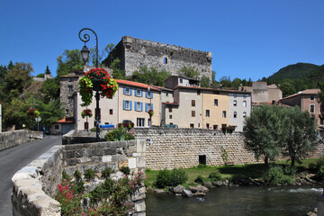 Aude river and medieval castle ruins on top of the old town of Quillan, Occitanie region in France